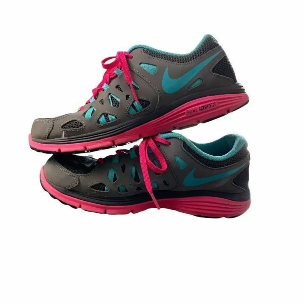 Nike Dual Fusion Run II 6.5Y Shoes Pink Teal Gray